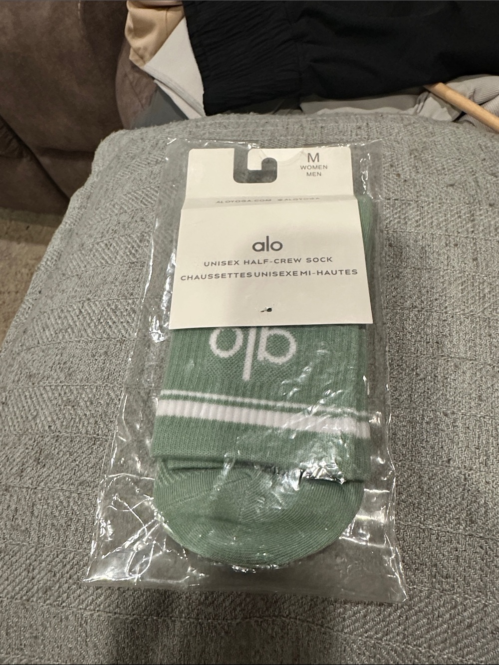 ALO Yoga Sage Green Half-Crew Socks with White Stripes
